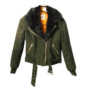 UNIF Berlin Fur Trim Bomber Jacket Suede Green Zipper Orange Lined Women's Sz XS